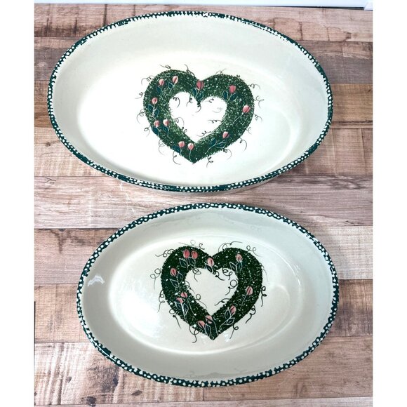 Set Of 2 Ceramic Heart Design Oval Nesting Bowls - Picture 1 of 6